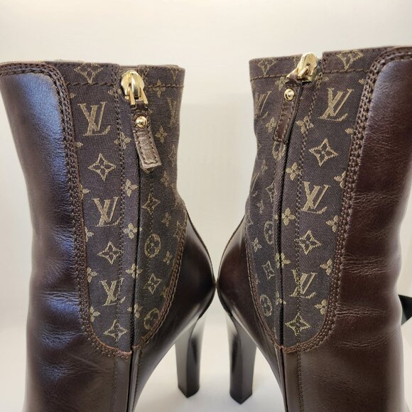 LOUIS VUITTON Brown Leather Mini Lin Jodie Monogram Ankle Boots, Size 35.5 5.5 - Picture 10 of 16
